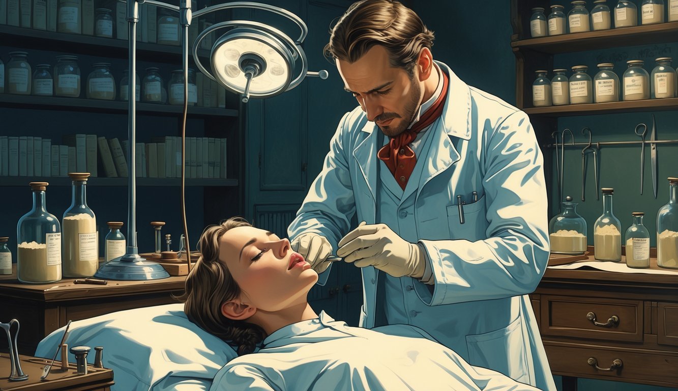 A doctor in old-fashioned clothing applies cocaine anesthesia to a patient lying on an operating table in a vintage medical room filled with historical surgical tools and bottles.
