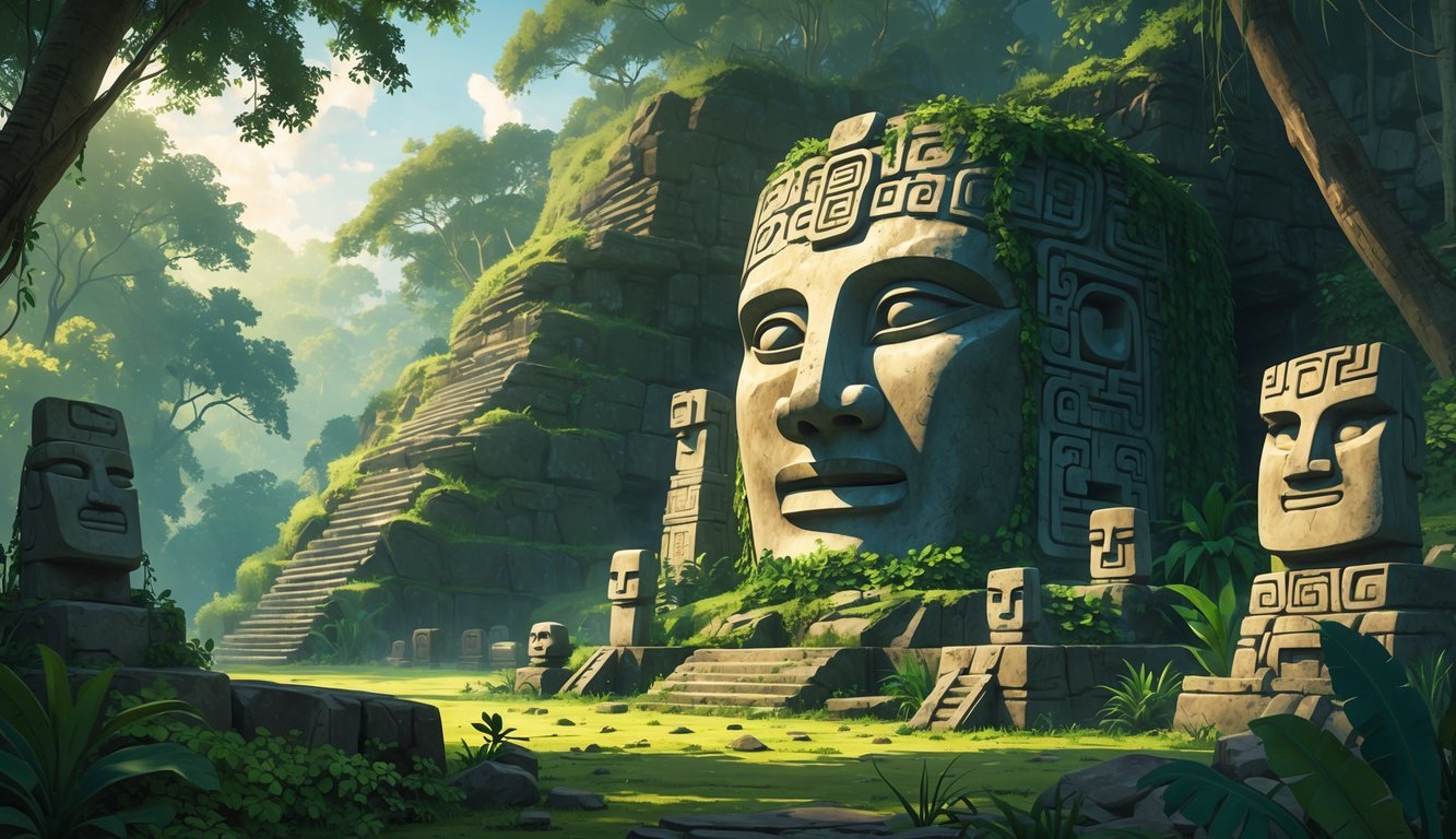 A large carved stone head surrounded by jungle vegetation and ancient stone ruins in a dense tropical forest.