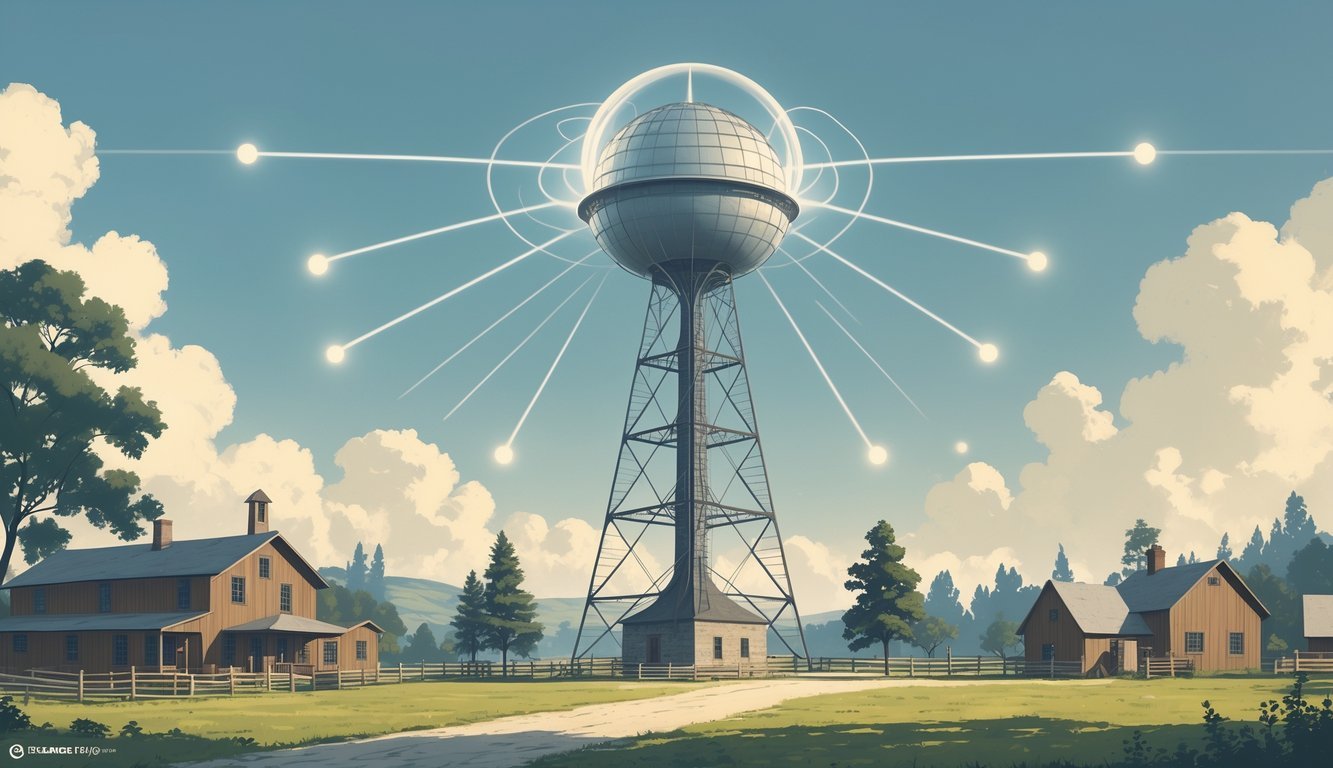 Tesla's Wardenclyffe Tower standing tall in a rural setting with energy arcs radiating from its dome into the sky.