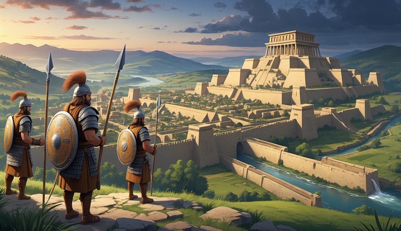 An ancient Hittite city with stone buildings, warriors in armor, and surrounding natural landscape under a twilight sky.