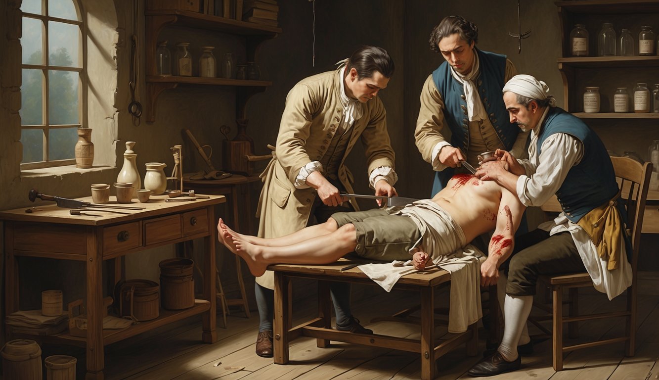 A historical medical scene showing a patient undergoing bloodletting with saws and scalpels by a physician and assistant in an old medical room.