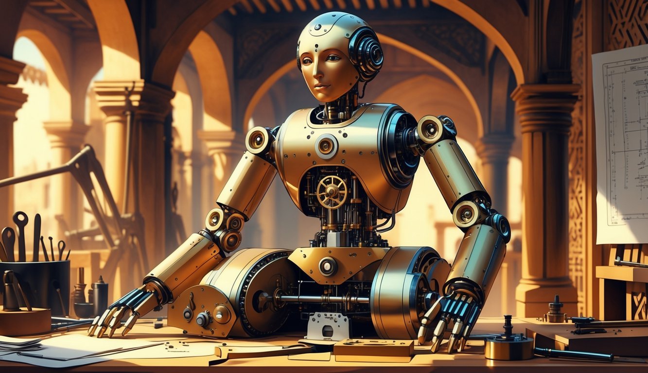 A detailed scene showing Al-Jazari's 12th-century programmable robot, a humanoid automaton made of metal and wood with visible gears and mechanical parts, set in a medieval workshop with tools and architectural details.
