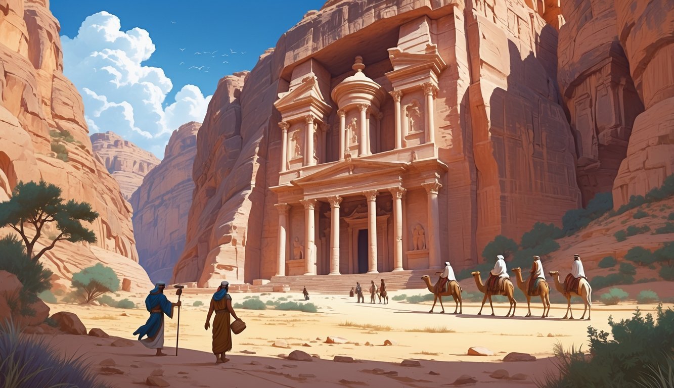 A desert city carved into red sandstone cliffs with people in ancient clothing trading goods and leading camels under a clear sky.