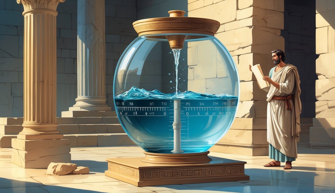 An ancient Greek water clock with water flowing to measure time, set against classical Greek architecture, with a scholar observing the device.