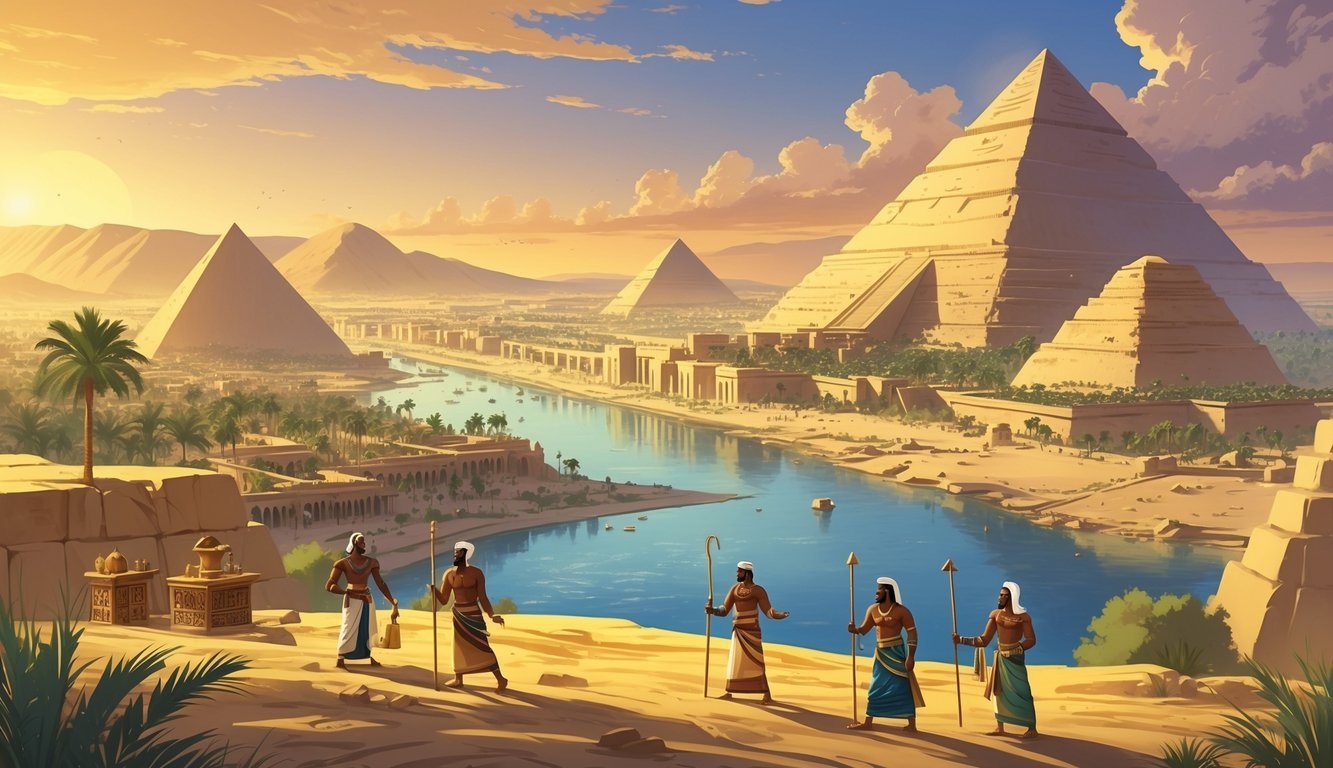 A detailed scene showing an ancient city of the Kingdom of Kush with pyramids, temples, people in traditional clothing, and a river, surrounded by desert and greenery.