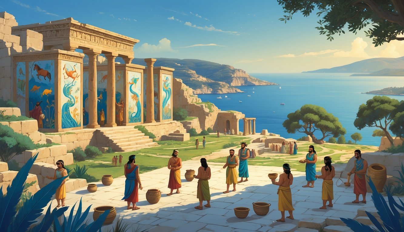 An ancient Minoan palace with colorful frescoes, surrounded by gardens and hills near the sea, with people dressed in traditional clothing engaged in daily activities.