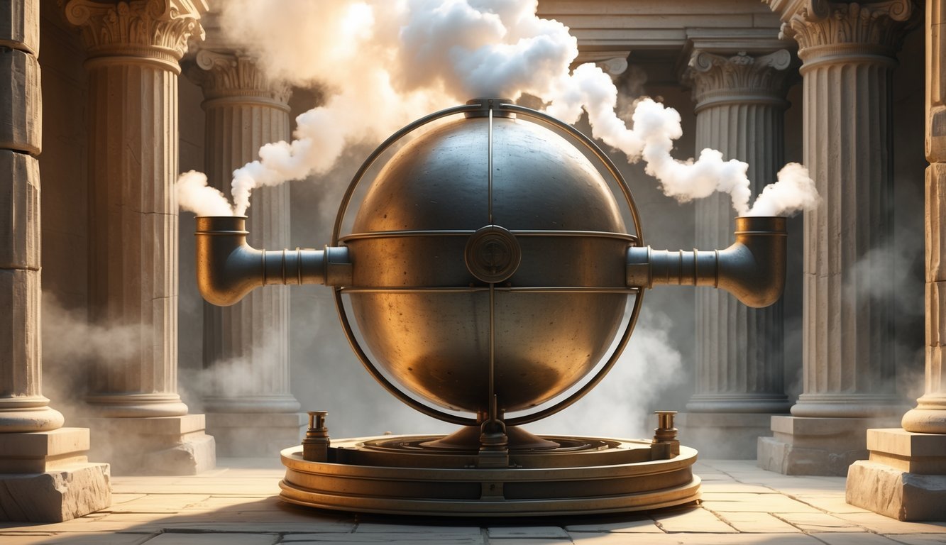 An ancient steam engine called the Aeolipile, a spherical metal device with steam coming out of pipes, rotating on an axis with classical architectural elements in the background.