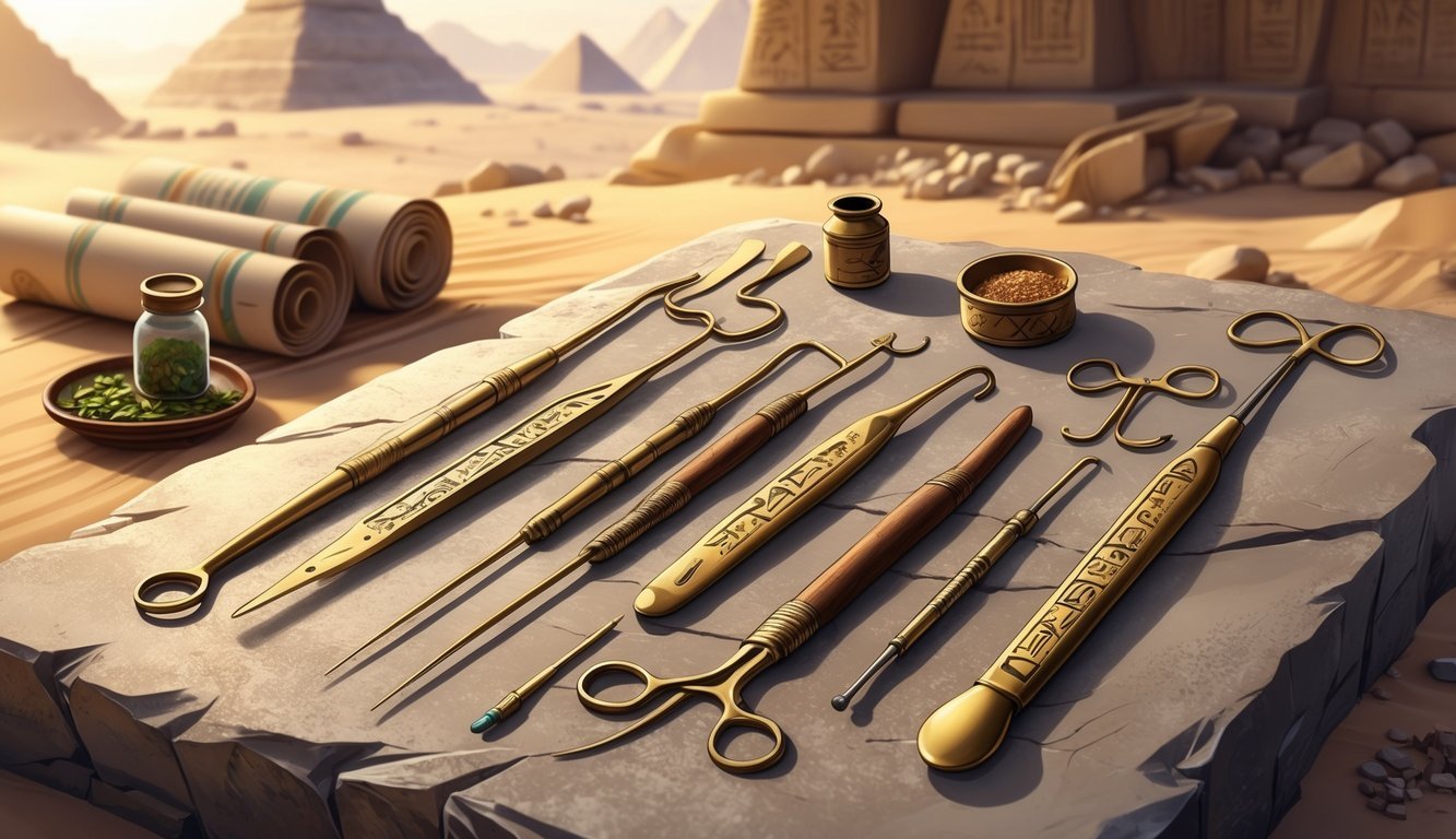 A collection of ancient Egyptian surgical instruments displayed on a stone surface with papyrus scrolls and jars in the background.