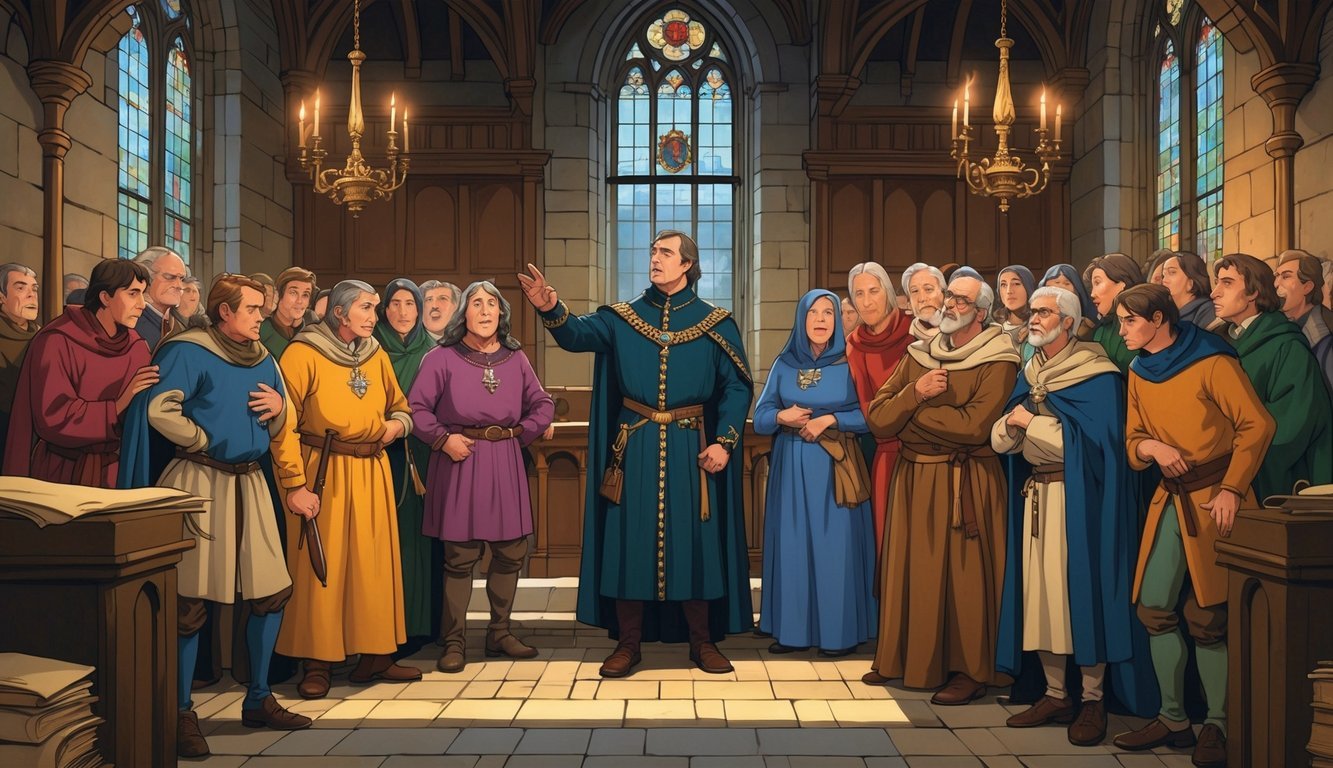 Medieval officials and commoners inside a grand chamber of the Houses of Parliament, with one person appearing ill and others looking anxious.