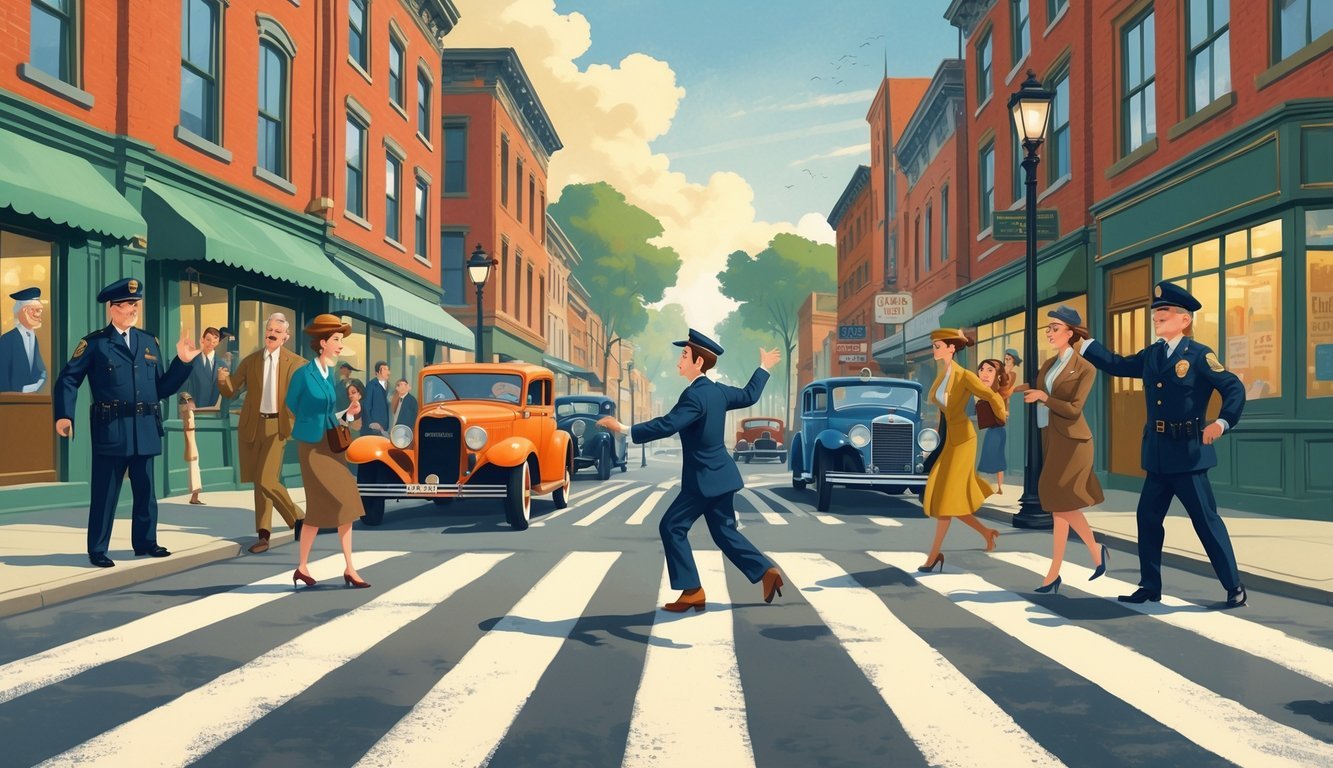 A person crossing a busy city street on their hands while pedestrians and a police officer watch with surprise.