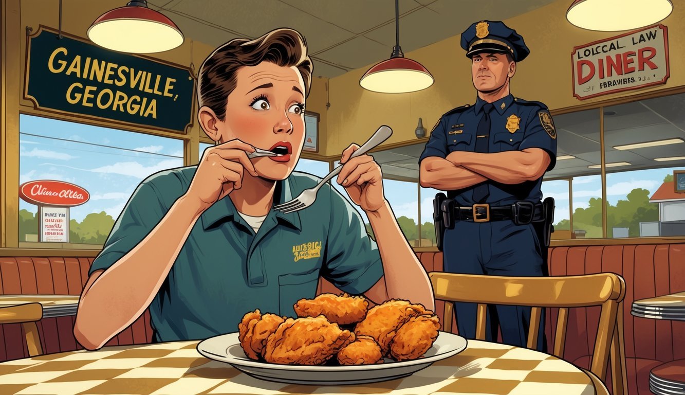 A person at a diner table hesitantly eating fried chicken with a fork while a police officer watches nearby.