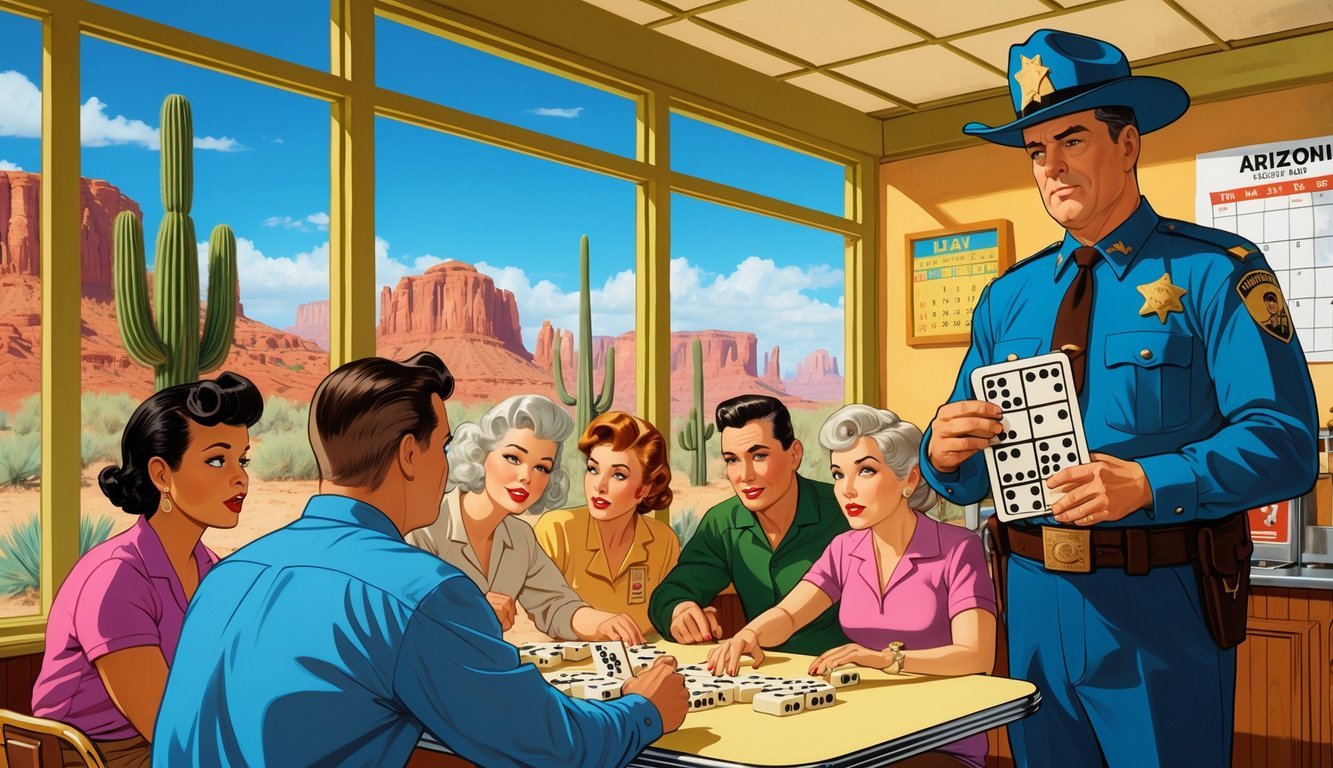 People playing dominoes in an Arizona diner while a sheriff stands nearby holding a document, with desert scenery visible outside.