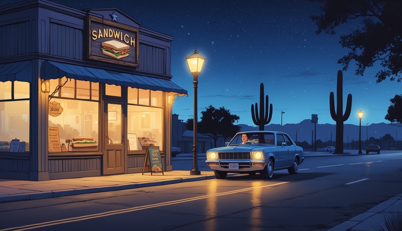 A quiet Texas street at night with a sandwich shop and a car stopped without honking nearby.