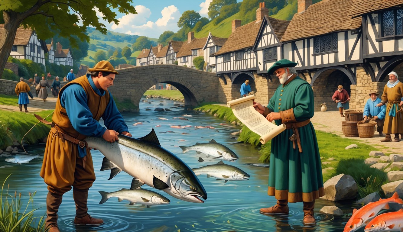 A medieval fisherman holds a large salmon by a river while an official inspects the fish, with a village and river full of salmon in the background.