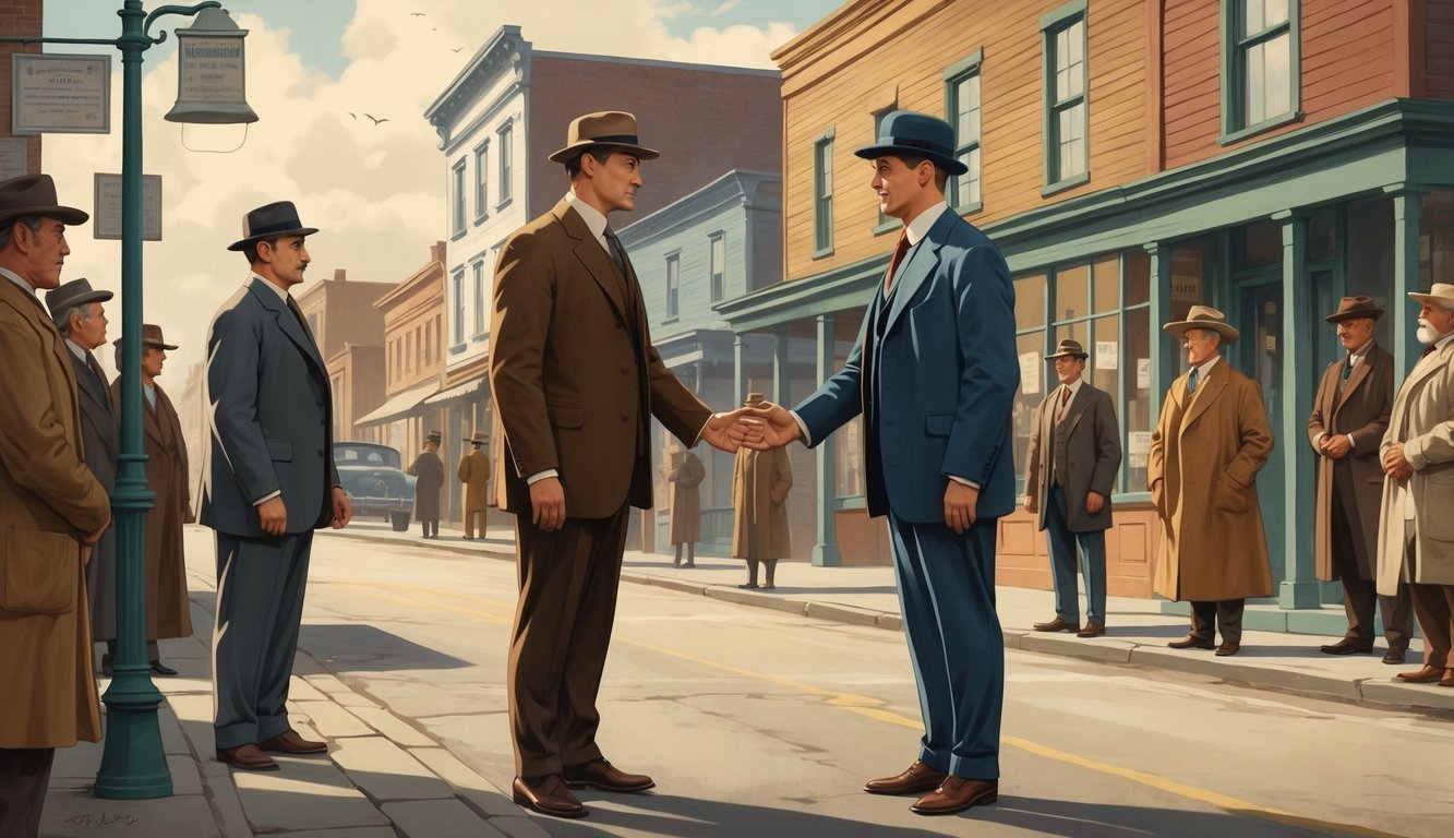 Two men in early 1900s American town avoid shaking hands while other townspeople watch nearby on a street with small buildings.