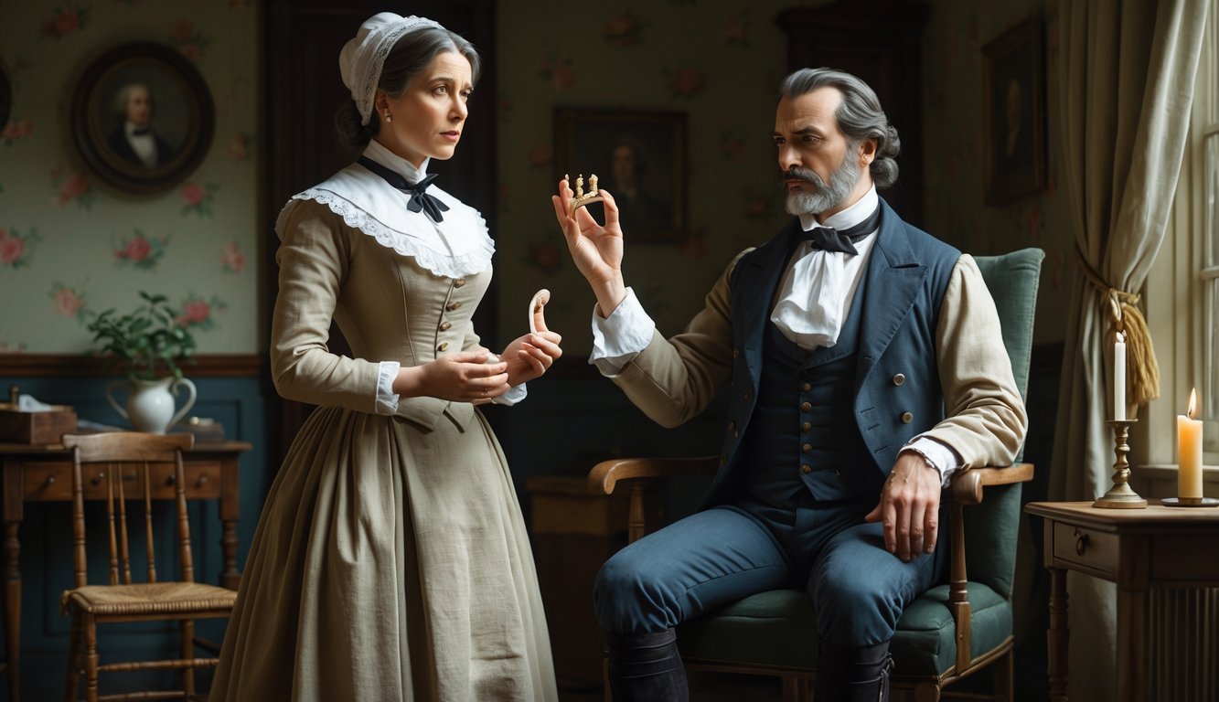 A Victorian-era woman holding false teeth looks hesitant as her seated husband gestures with raised hand in a modest parlor.