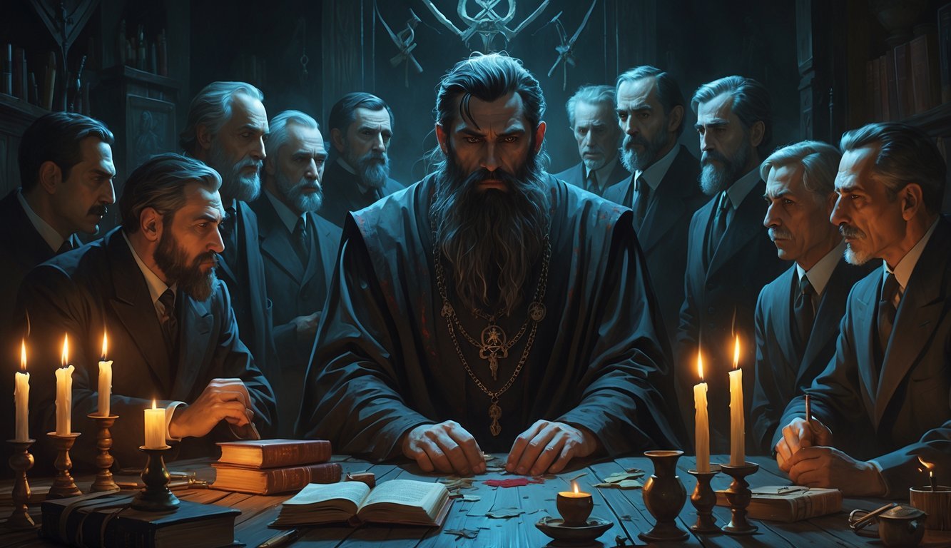 Grim scene showing Rasputin surrounded by seven historical figures in a dimly lit room filled with candles and ritual objects.