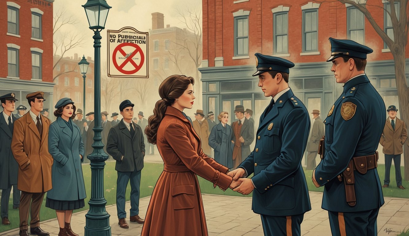 A young couple discreetly holding hands in a park while a police officer watches them under an old street lamp.