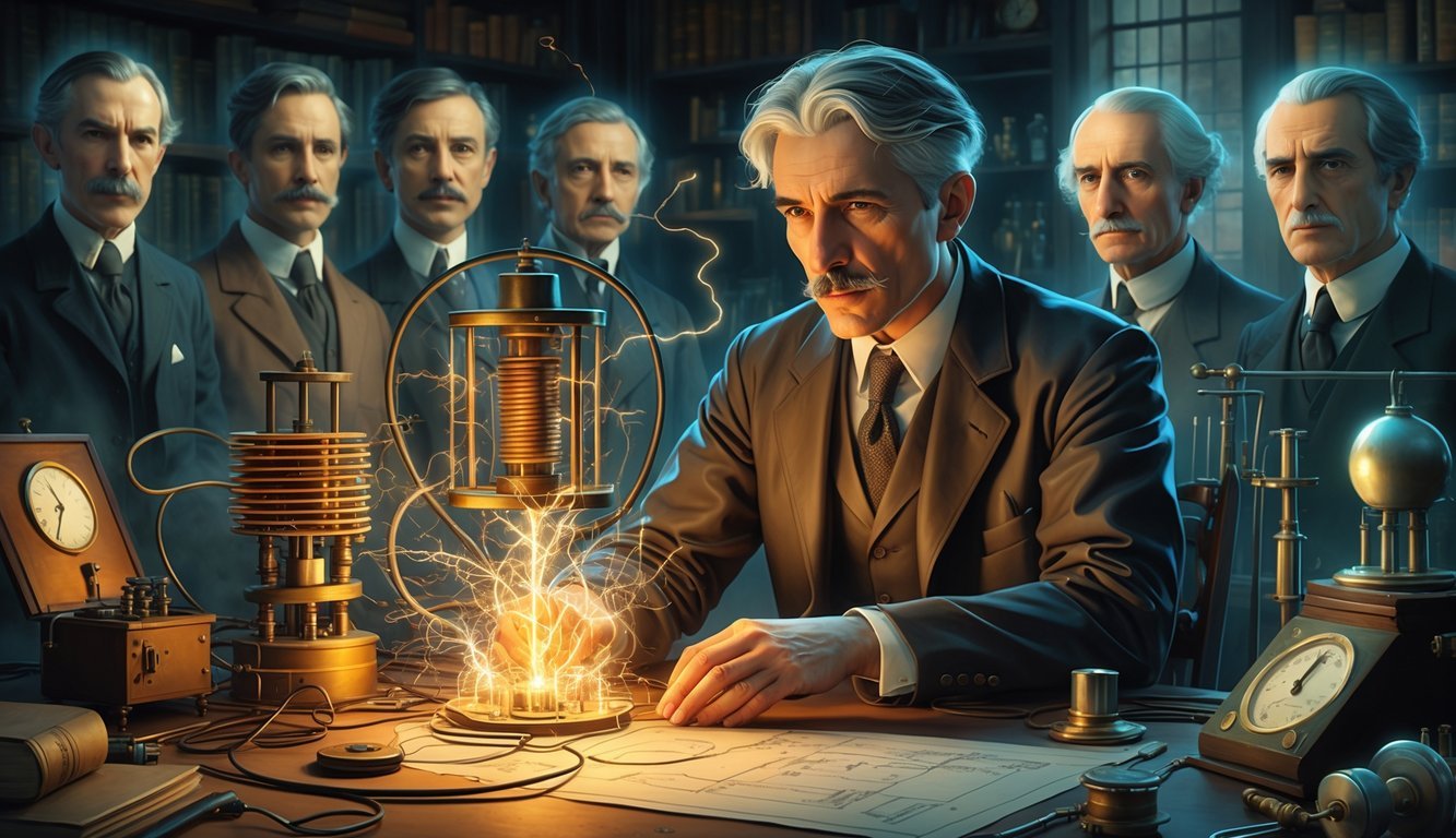 Nikola Tesla working in his laboratory with electrical devices and glowing sparks, surrounded by faint images of eight historical figures in the background.