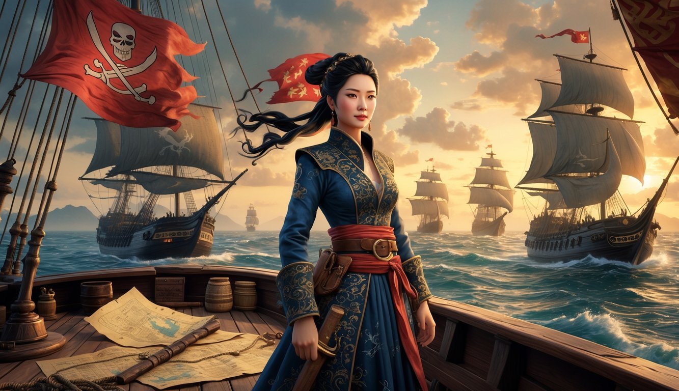 A confident woman dressed as a Chinese pirate queen stands on a pirate ship's deck with several ships sailing on the sea at sunset.