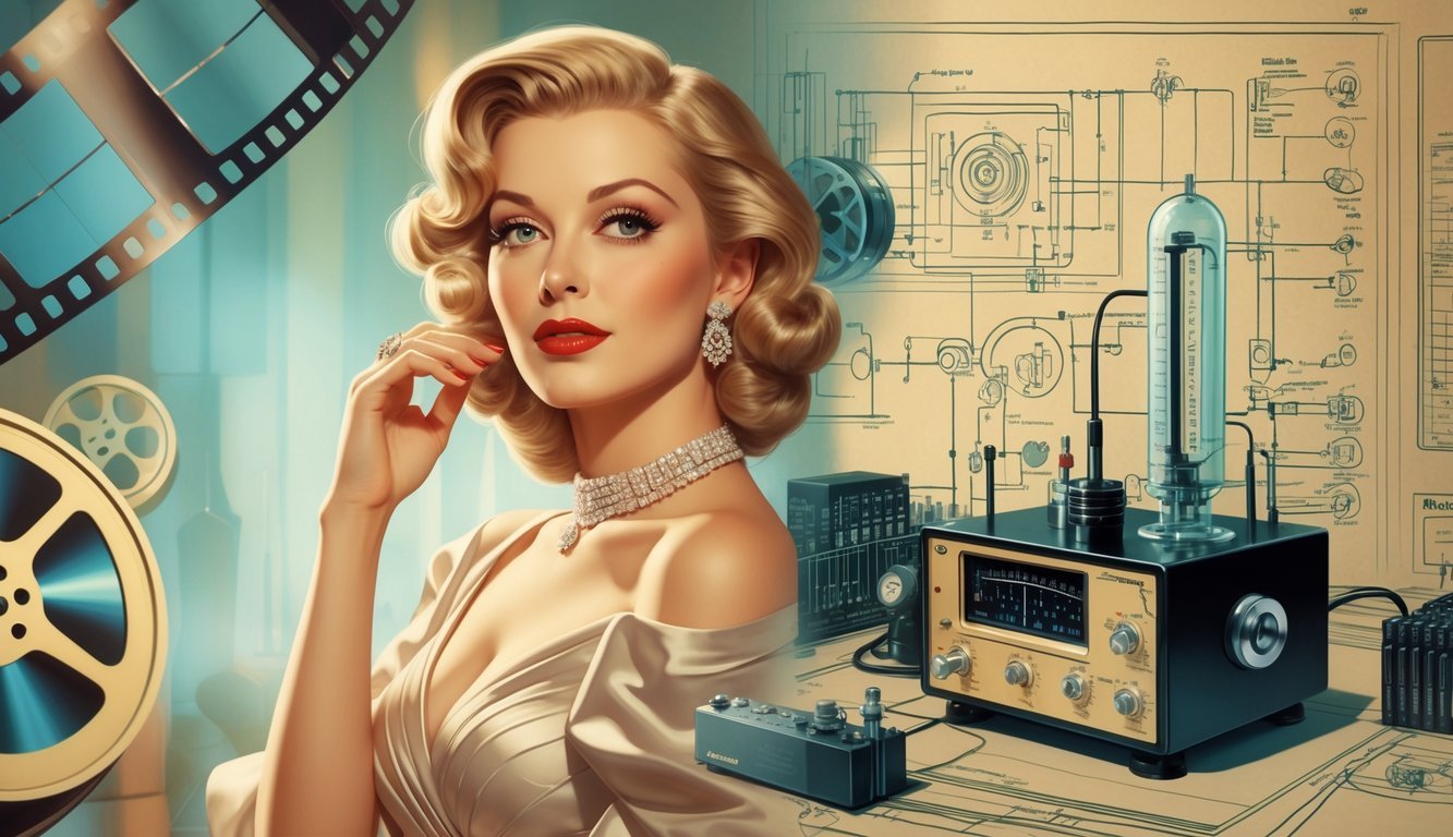 A split scene showing Hedy Lamarr as a glamorous 1940s actress on one side and as an inventor working with early electronic devices on the other.