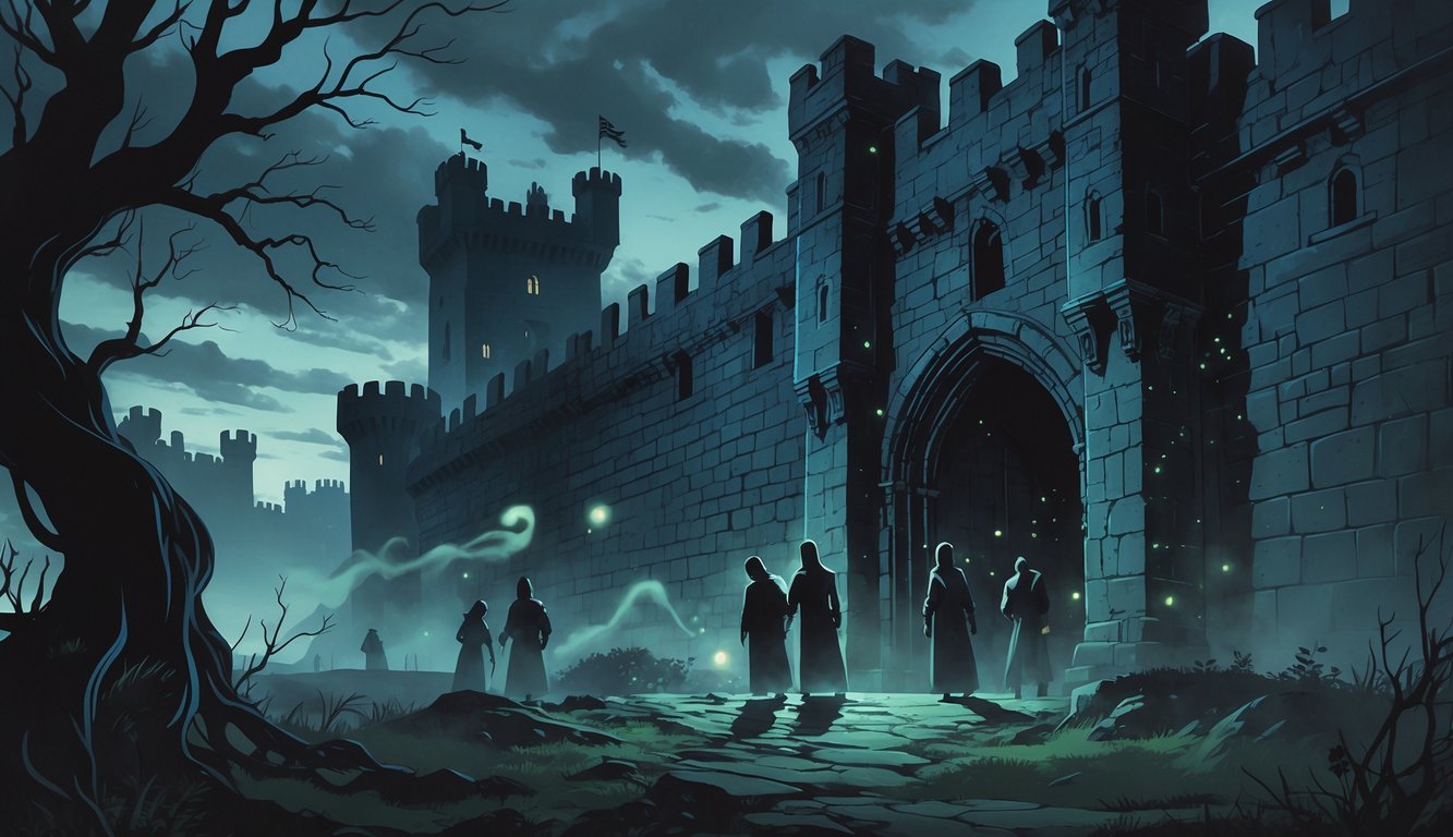 An ancient castle at dusk surrounded by mist, with ghostly figures of prisoners visible inside its dark corridors, under a gloomy sky with barren trees nearby.