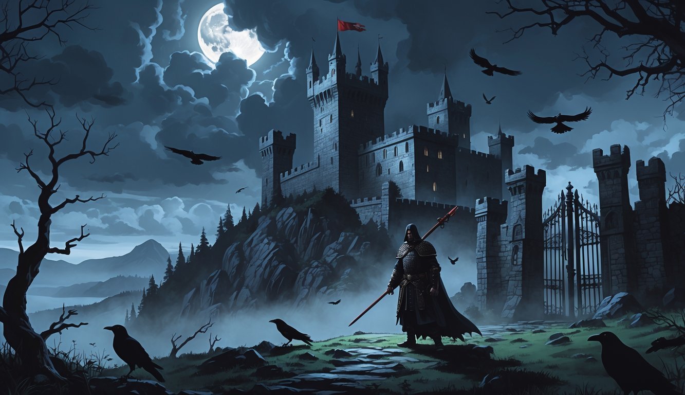 Bran Castle on a rocky hill under a stormy sky with a dark armored figure holding a spear in front, surrounded by twisted trees and ravens.