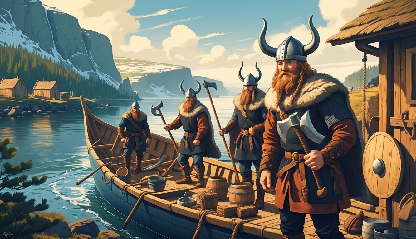 A group of Vikings in traditional clothing and helmets without horns, working and sailing near a Nordic coastal village with fjords and pine trees.