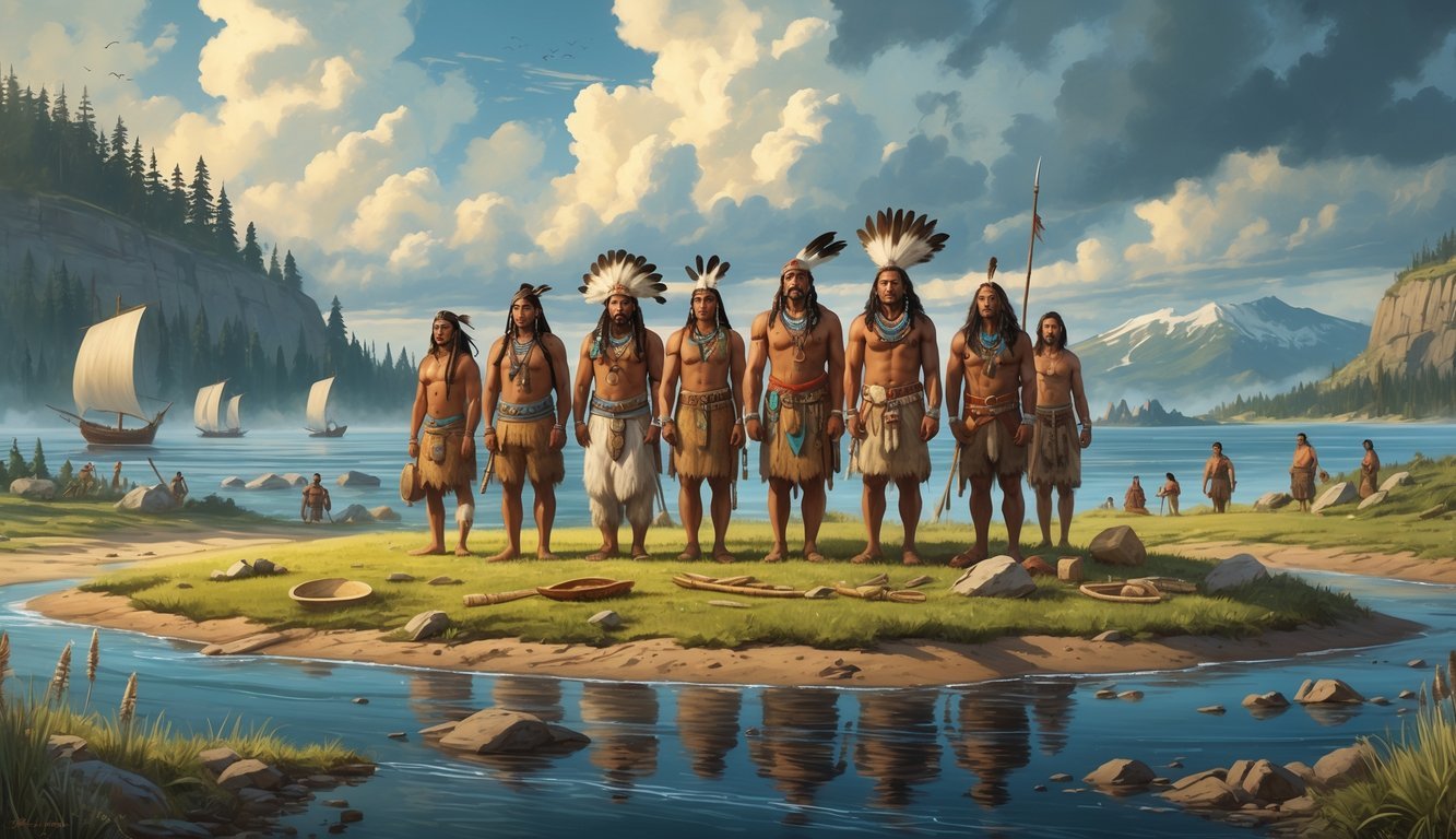 A scene showing indigenous peoples of the Americas standing on the land with ancient artifacts and Viking ships approaching the shore in the background.