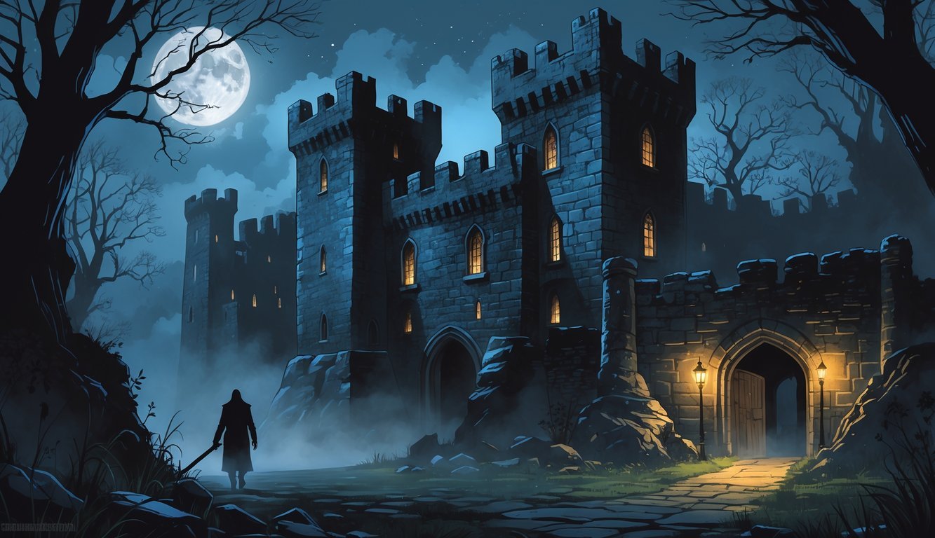 An ancient stone castle at night surrounded by mist and dark trees, with a shadowy figure disappearing into a hidden passage beneath the castle.