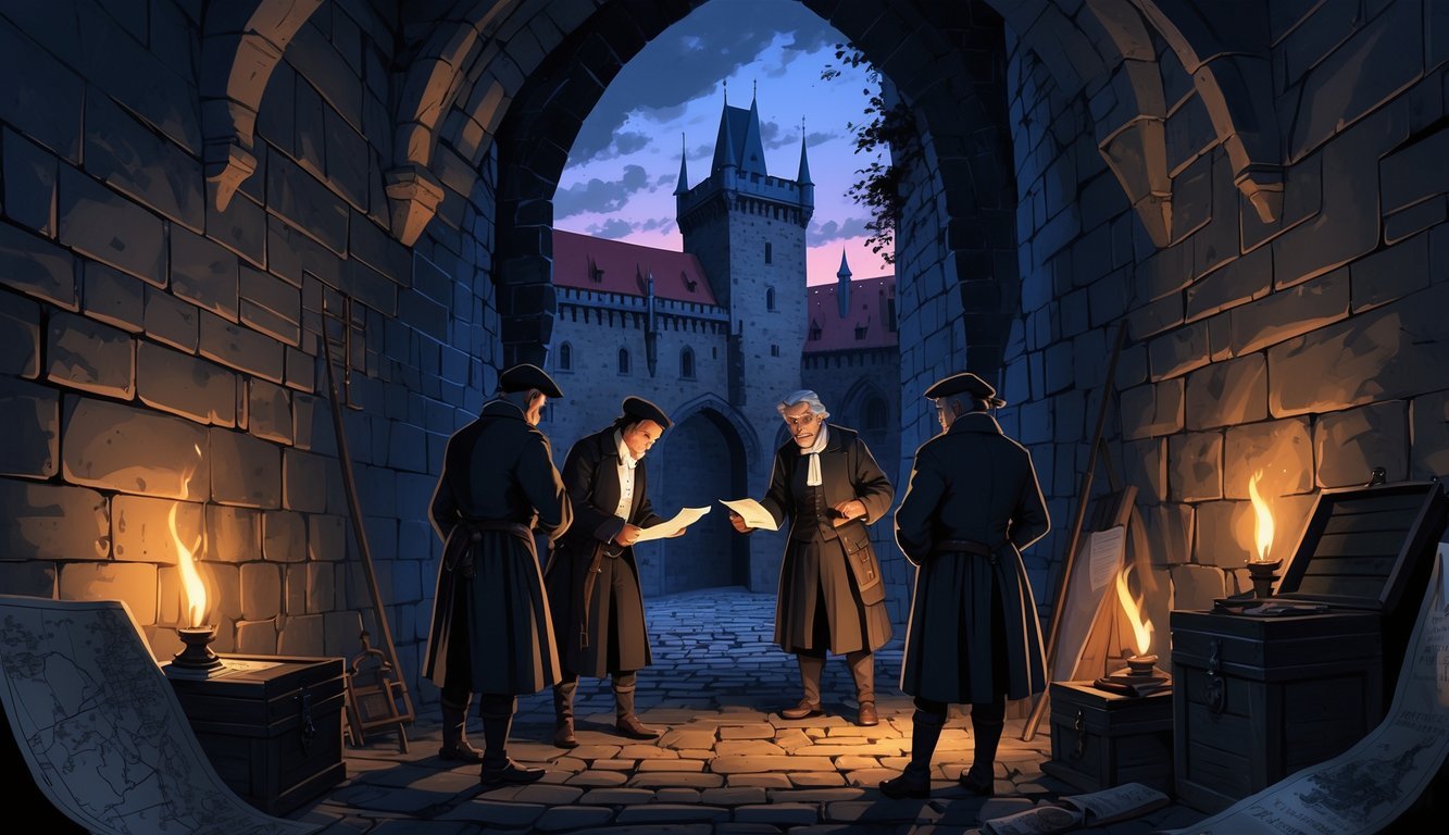 A dimly lit underground chamber beneath Prague Castle with shadowy figures meeting secretly, surrounded by stone walls and flickering torches.