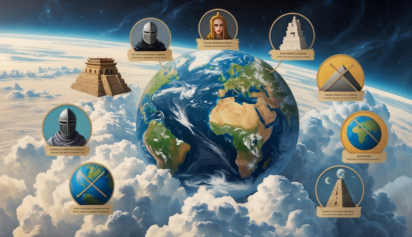 View of Earth from space showing the Great Wall of China faintly, surrounded by symbols representing debunked historical myths.