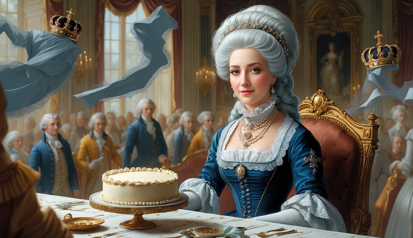 Marie Antoinette seated at an ornate table in a grand palace, with a small cake in front of her and symbolic shadows representing historical myths in the background.