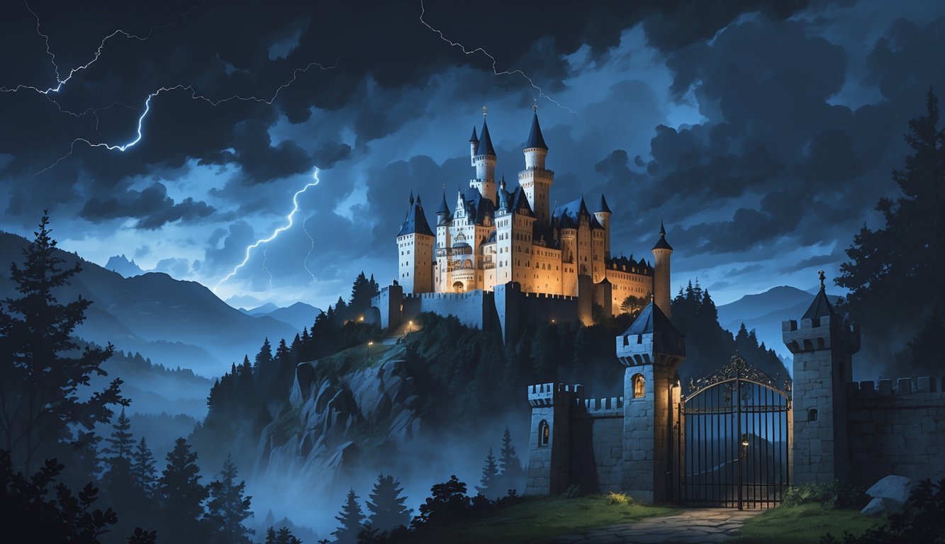 Neuschwanstein Castle on a hill at dusk with dark clouds and misty mountains in the background, surrounded by shadowy forests and an iron gate in front.