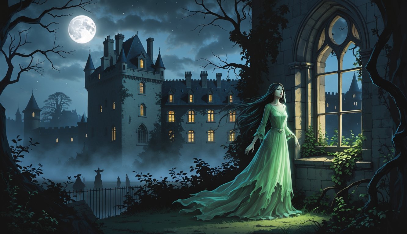 A ghostly woman in a green dress floats near a large old castle at night, surrounded by mist and dark trees.