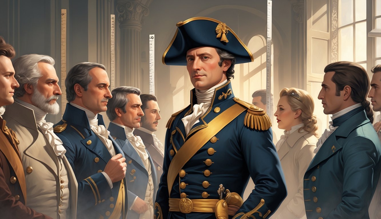 Napoleon Bonaparte standing confidently among historical figures, shown at average height wearing his military uniform, with subtle symbols representing debunked historical myths in the background.