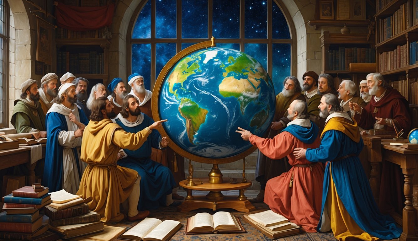 Medieval scholars gathered around a globe in a study filled with books and scientific instruments, discussing the spherical shape of the Earth.