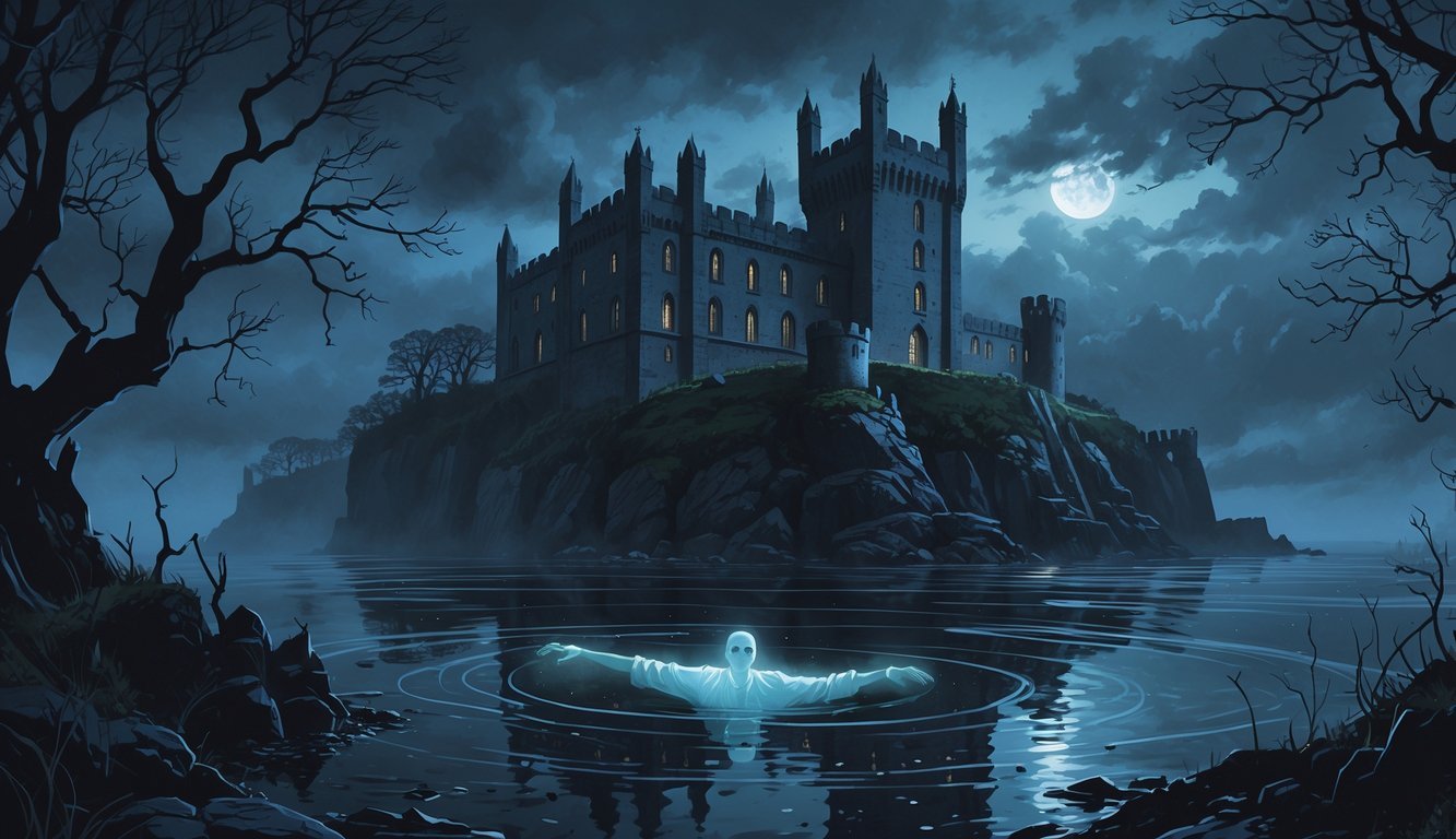 Corvin Castle on a rocky cliff at dusk with a ghostly figure of a drowned architect underwater near the castle, surrounded by mist and dark waters.