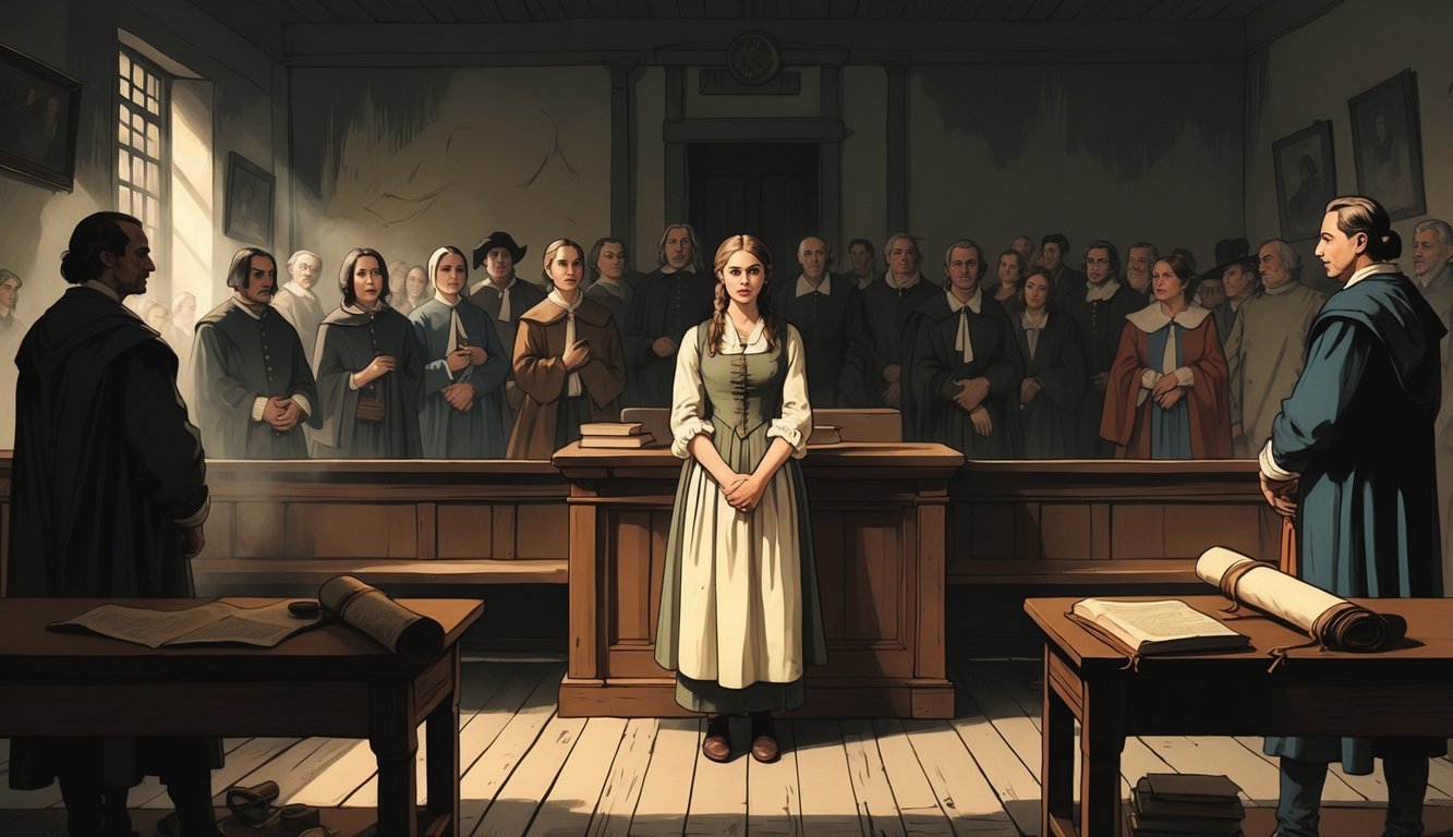 A 17th-century courtroom scene showing a young woman accused during the Salem Witch Trials, surrounded by judges and townspeople in colonial clothing.