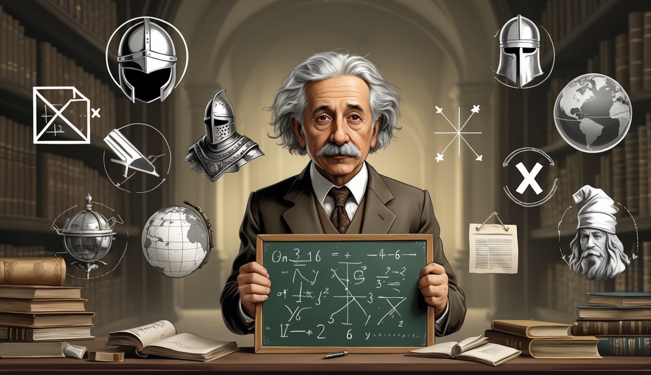Albert Einstein in a study surrounded by symbols representing nine common historical myths, with books and artifacts in the background.