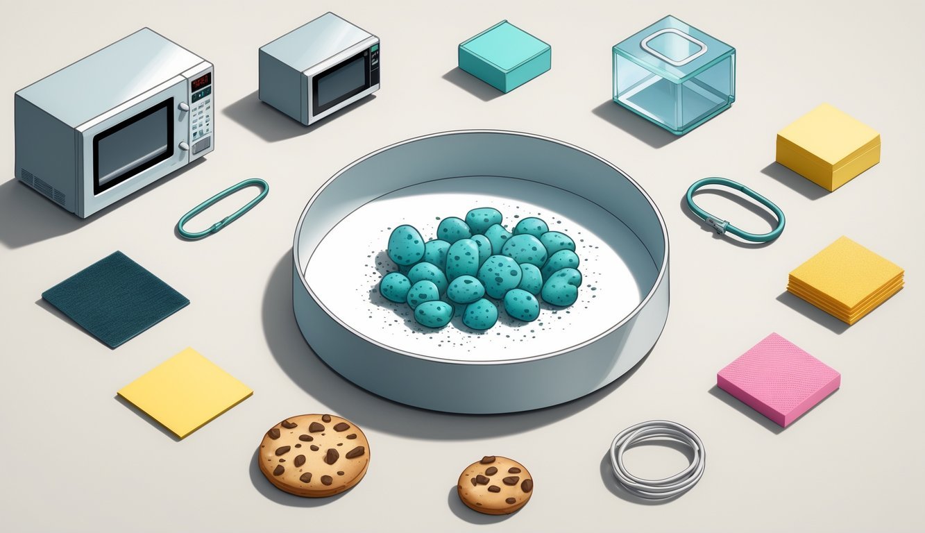 A collection of twelve everyday items including a petri dish with mold, microwave, Post-it notes, safety pin, pacemaker, chocolate chip cookie, Velcro, popsicle, X-ray image, rubber band, Teflon pan, and popcorn bag arranged together on a plain background.