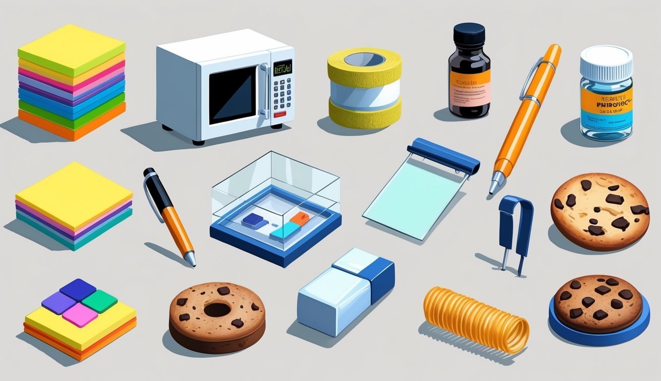 A collection of 12 everyday items invented by accident, including Post-it Notes, microwave oven, Velcro straps, pacemaker, safety glass, sticky tape dispenser, erasable pen, bubble wrap, chocolate chip cookie, penicillin vial, slinky toy, and popsicle, arranged on a neutral background.
