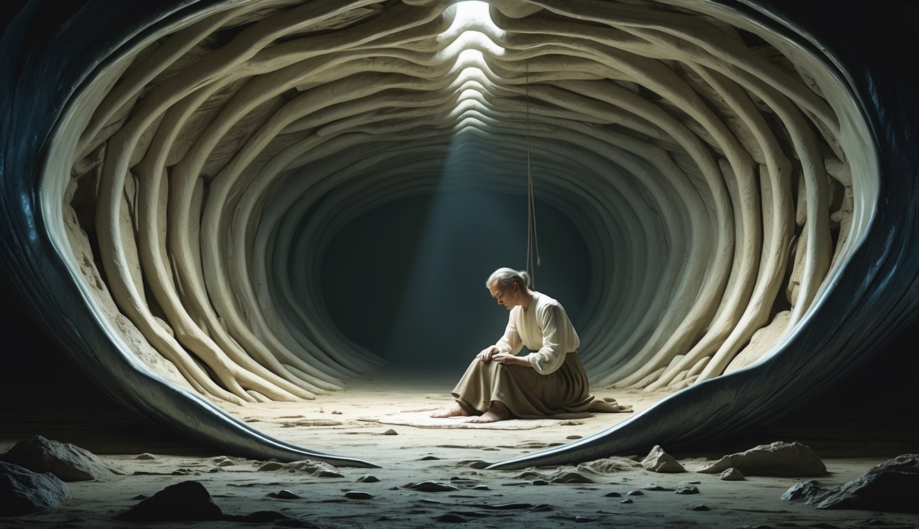 A person sitting inside the ribcage of a dead whale, holding their knee as if trying to relieve joint pain.