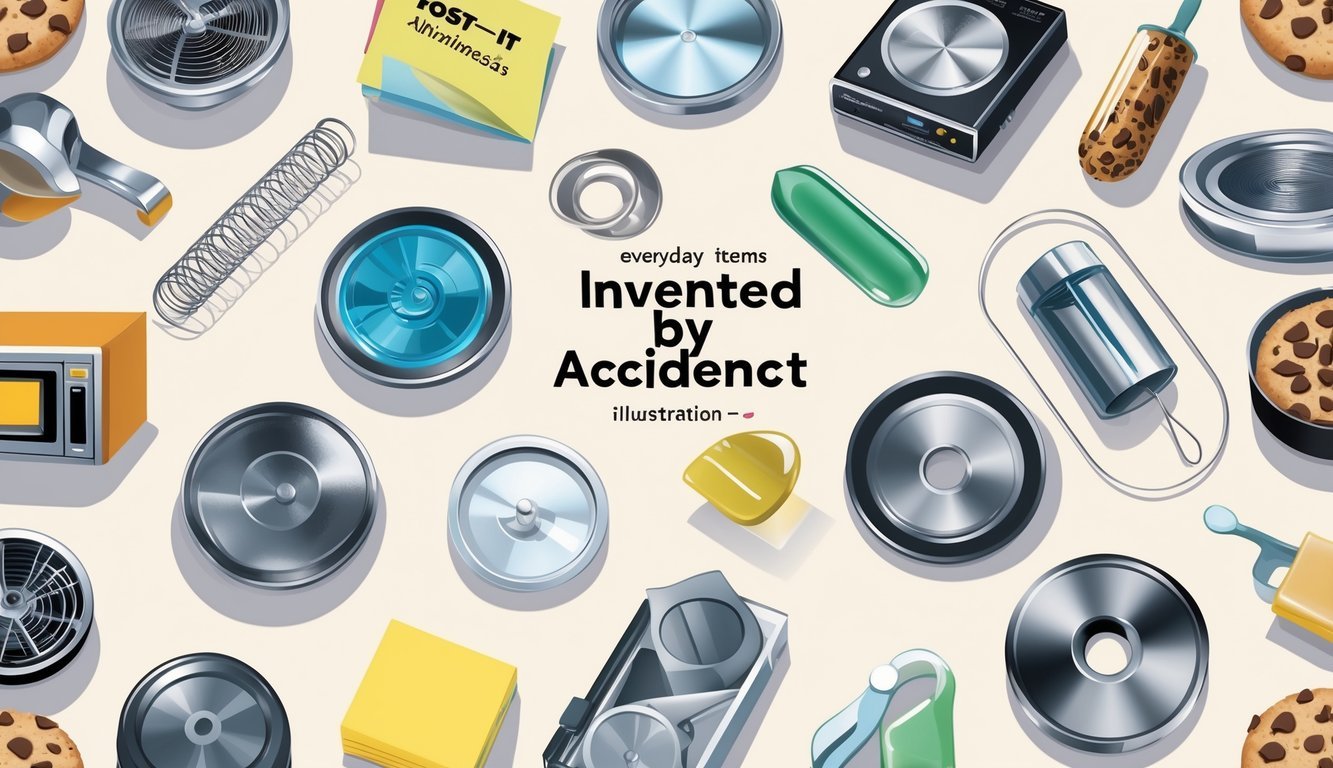 Twelve everyday items that were invented by accident, including a Slinky, Post-it Notes, microwave oven, safety glass, penicillin, vulcanized rubber, X-rays, Teflon, pacemaker, stainless steel, popsicles, and chocolate chip cookie, arranged neatly on a plain background.