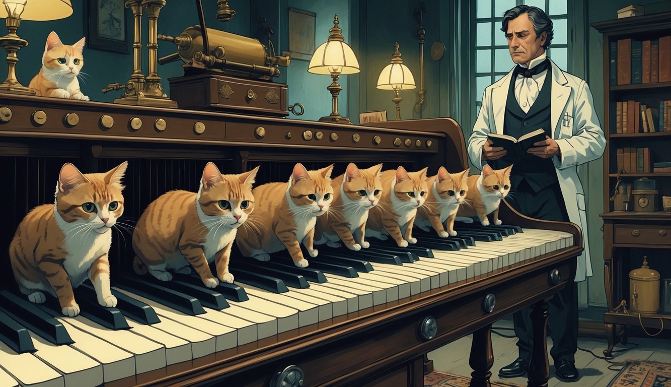 A Victorian-era doctor watches a piano-like instrument with cats positioned under each key in a dimly lit room filled with antique medical equipment.