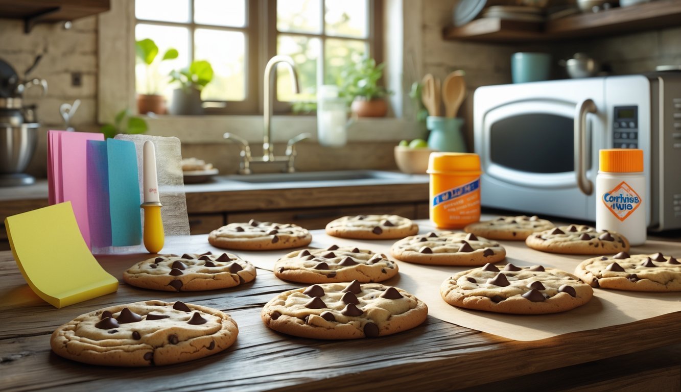 A kitchen table with freshly baked chocolate chip cookies surrounded by twelve common household items representing accidental inventions.