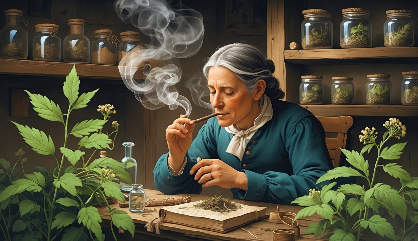 A person in historical clothing inhales smoke from a small pipe in an old apothecary room filled with jars and dried herbs, with illustrations of the stramonium plant nearby.
