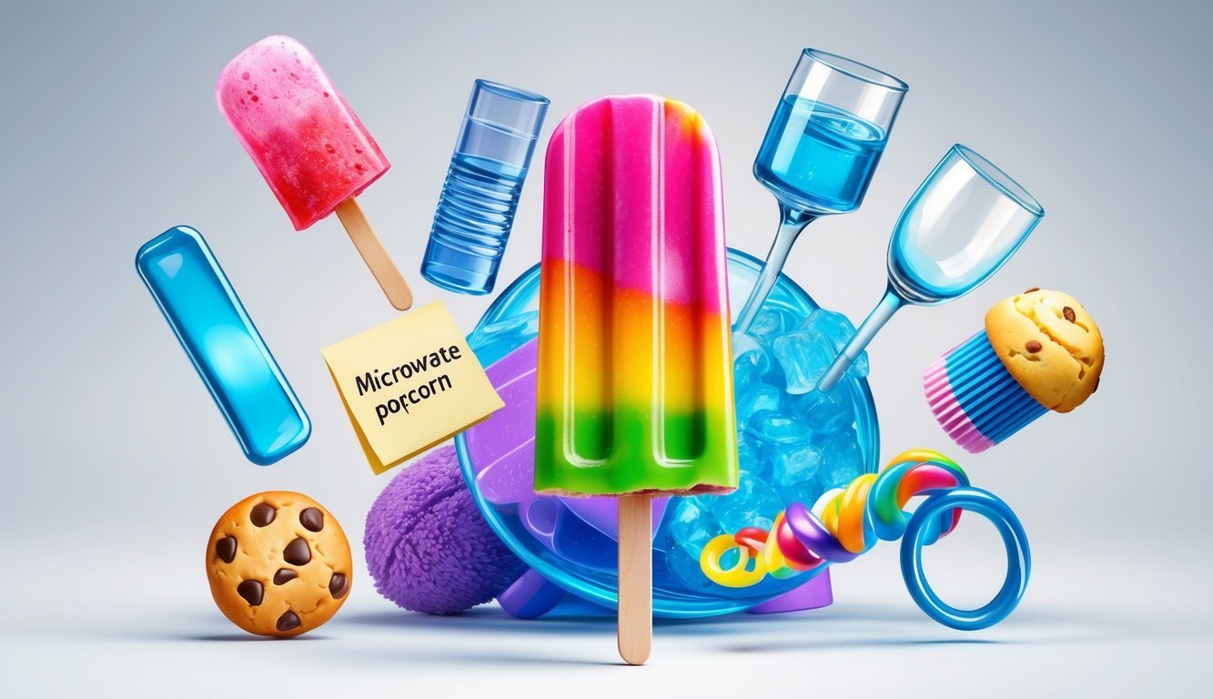 A collection of twelve everyday items including a popsicle, microwave oven, penicillin mold, safety glass, pacemaker, Post-it notes, vulcanized rubber, X-rays, microwave popcorn, saccharin sweetener, Slinky toy, and chocolate chip cookie, arranged together on a plain background.