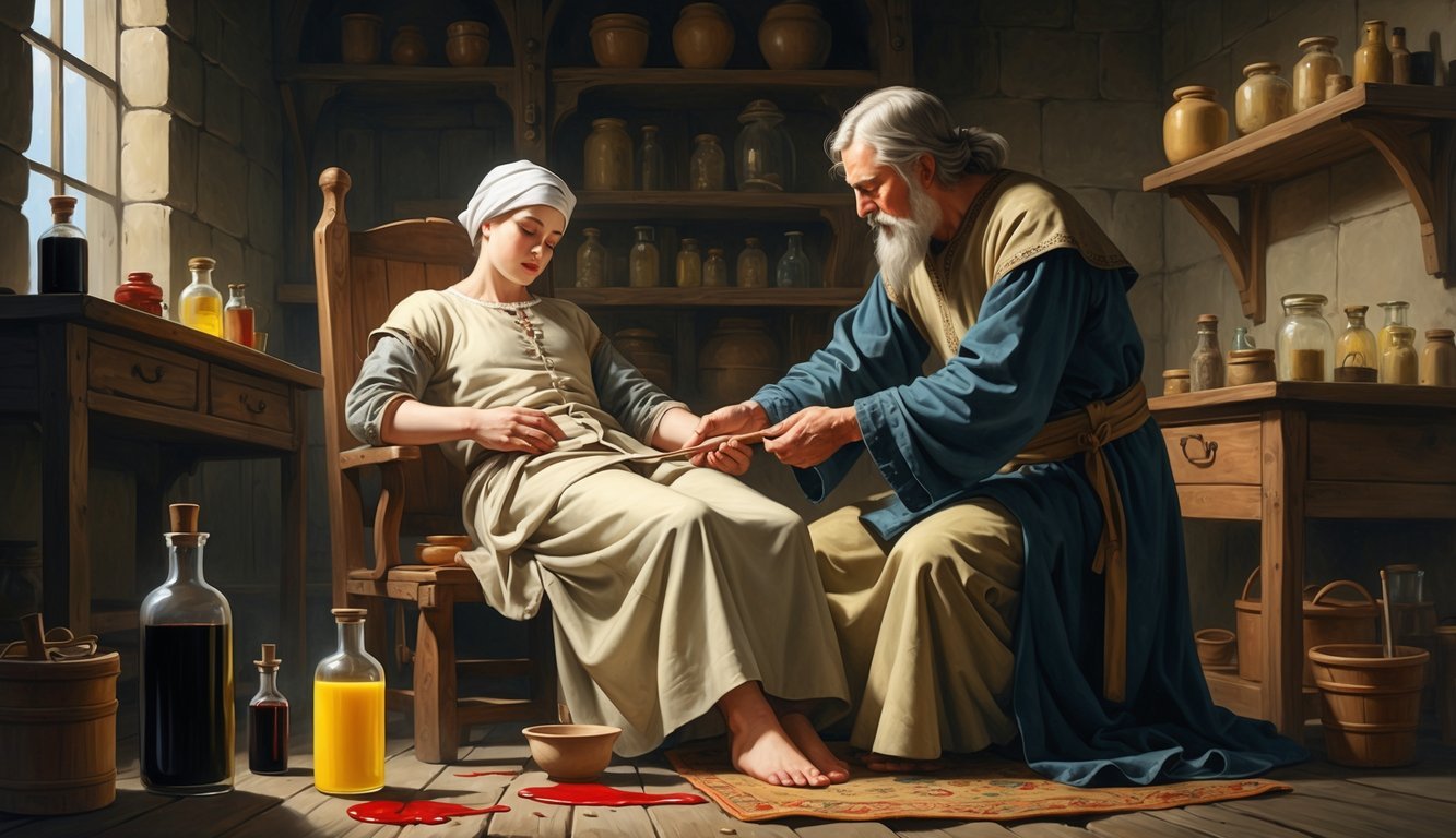 A healer performs bloodletting on a patient in a medieval room filled with old medical tools and jars.