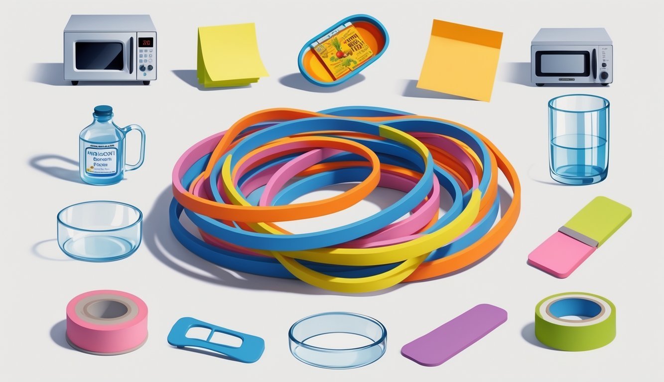 A neatly arranged collection of twelve everyday items including rubber bands and other objects that were invented by accident, displayed on a white background.